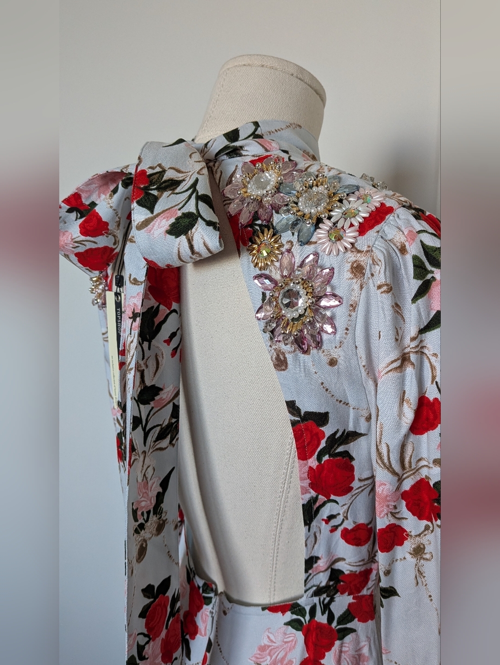NWT TopShop Light Blue Red Pink Rose Skater Beaded Jewel Floral Dress 4 - Picture 8 of 14